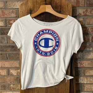 Champion White Blue Tie Front Short Sleeve Tee